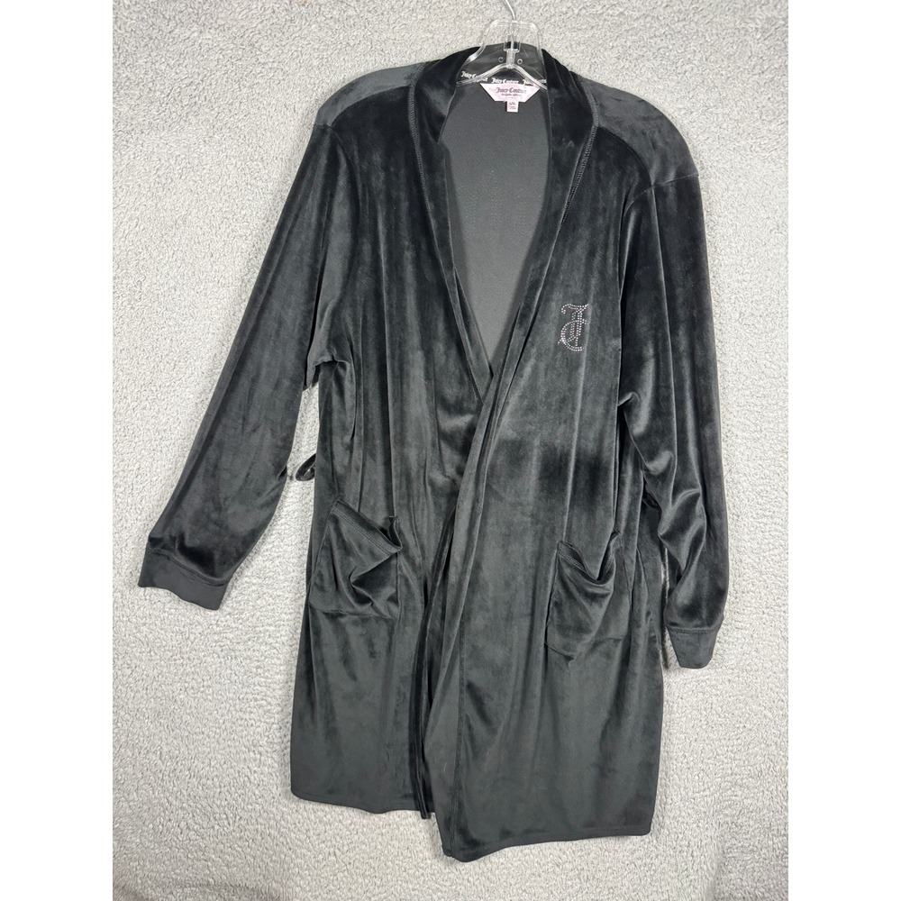 Juicy Couture Black Velour Rhinestone Logo Robe L/XL 9136-47 Long Sleeve Shawl